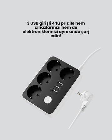 3 Usb Çıkışlı 4’lü Akıllı Priz 2500w 2 Metre Kablo