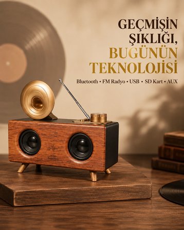 Çift Hoparlörlü Retro Bluetooth Speaker 1800mah Bataryalı Aux Usb Sd Kartlı