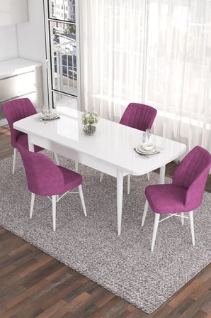 Eva Serisi, 80x132 Açılabilir Mdf Beyaz Masa,mutfak Masası Ve 4 Mor Sandalye