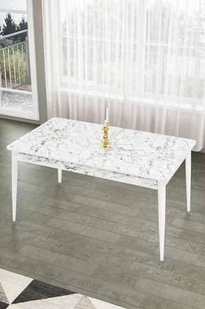 Lav Serisi 80x130 Sabit Beyaz Mermer Desen Masa Takımı 4 Lacivert Sandalye Ve 1 Bench