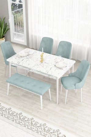 Lav Serisi 80x130 Sabit Beyaz Mermer Desen Masa Takımı 4 Su Yeşili Sandalye Ve 1 Bench