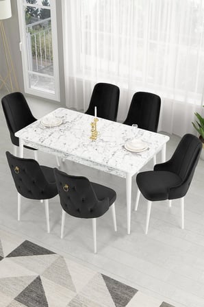 Lav Serisi 80x130 Sabit Beyaz Mermer Desen Masa Takımı 6 Siyah Sandalye