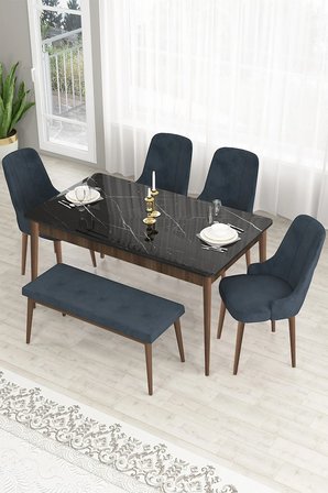 Lav Serisi 80x130 Sabit Siyah Mermer Masa Ceviz Ayak Masa Takımı 4 Antrasit Sandalye 1 Bench