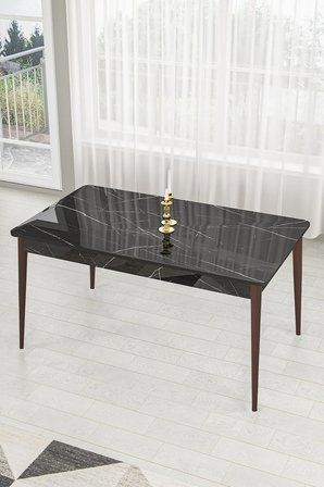 Lav Serisi 80x130 Sabit Siyah Mermer Masa Ceviz Ayak Masa Takımı 4 Antrasit Sandalye 1 Bench