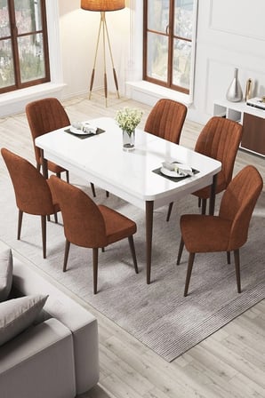 Par Serisi 70x114, Açılabilir Mdf Yemek Masası Beyaz Masa Ceviz Ayak Ve 6 Kiremit Sandalye Takımı