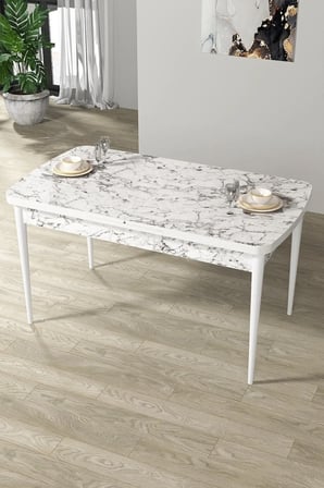 Par Serisi 70x114, Açılabilir Mdf Yemek Masası Beyaz Mermer Desen Masa Ve 6 Mor Sandalye Takımı