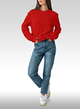 KADIN KIRMIZI OVERSIZE KALIN İÇİ POLARLI BASIC SWEATSHIRT