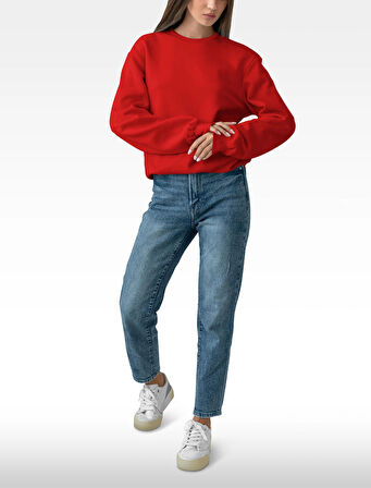 KADIN KIRMIZI OVERSIZE KALIN İÇİ POLARLI BASIC SWEATSHIRT