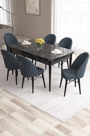 Roz Serisi 80x132 Açılabilir Mdf Siyah Mermer Desen Masa Takımı Ve 6 Cappucino Sandalye