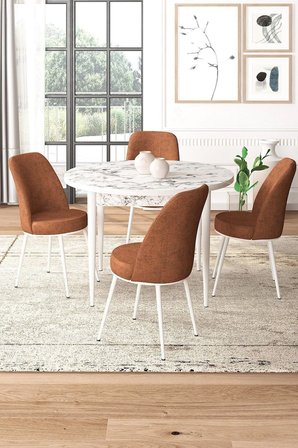 Tor Serisi Yuvarlak 90x90 Sabit Beyaz Mermer Desen Masa Takımı Ve 4 Kiremit Sandalye