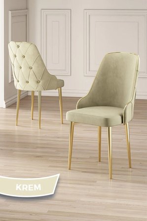 Vae Serisi 90x160 Lak Panel Beyaz Mermer Desen Gold Ayak Masa Takımı 6 Krem Sandalye
