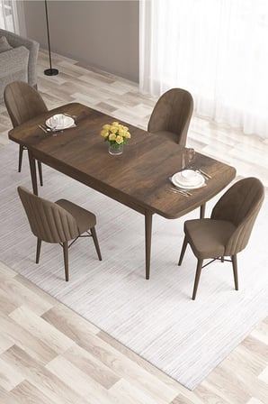 Ves Serisi 80x132 Mdf Açılabilir Barok Ahşap Desen Yemek Masası 4 Kahve Sandalye