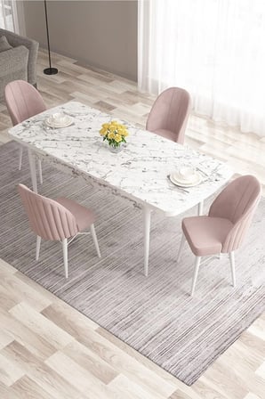 Ves Serisi 80x132 Açılabilir Mdf Mutfak Masası Takımı Beyaz Mermer Desen Masa 4 Pembe Sandalye