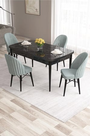 Ves Serisi 80x132 MDF Açılabilir Siyah Mermer Desen Yemek Masası 4 Su Yeşili Sandalye