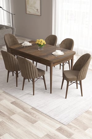 Ves Serisi 80x132 Mdf Açılabilir Barok Ahşap Desen Yemek Masası 6 Adet Kahve Sandalye