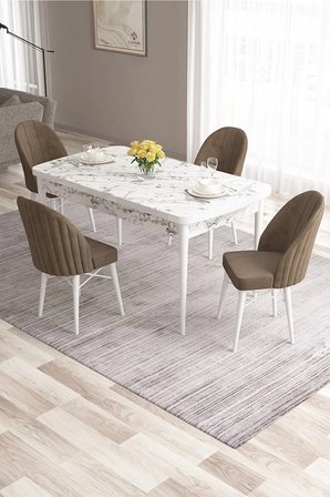 Ves Serisi 80x132 Açılabilir Mdf Beyaz Mermer Desen Masa 4 Kahve Sandalye Mutfak Masası Takımı