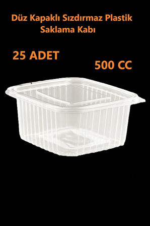 Sızdırmaz Düz Kapaklı Şeffaf Plastik Kap – 500 gr kapasiteli, 25 Adet, Gıda Saklama ve Servis Kabı