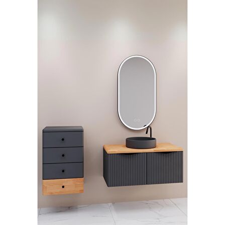 BELISSIMO 100 CM ANTRASİT LAVABOLU BANYO DOLABI  ANTRASİT /  KAYIN - YAN ÜNİTE DAHİL