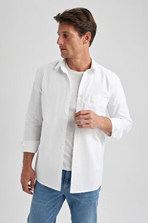 DeFacto Regular Fit Polo Yaka Oxford Basic Düz Uzun Kollu Beyaz Gömlek A8028AX23AUWT34