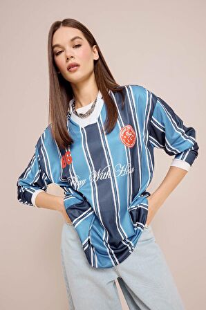 DeFacto Coool Oversize Geniş Kalıp Polo Yaka Baskılı Forma Kumaşı Uzun Kollu Tişört E5373AX25SPNV241