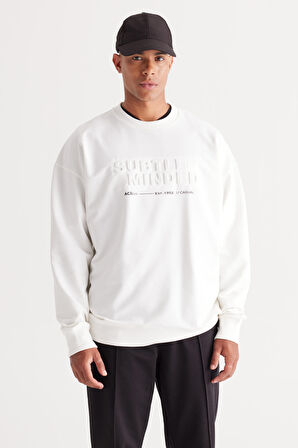 Erkek Ekru Oversize Bol Kesim Içi Polarlı 3 Iplik Bisiklet Yaka Pamuklu Sweatshirt