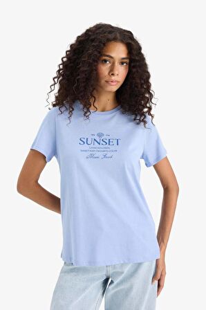 Regular Fit Bisiklet Yaka Slogan Baskılı Penye Kısa Kollu Tişört