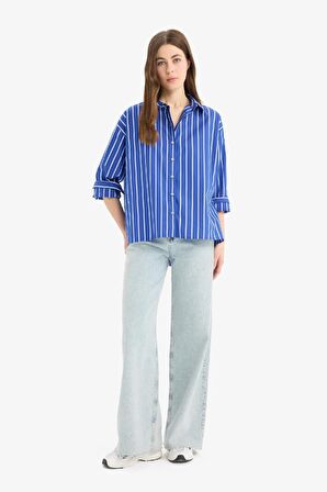 Oversize Geniş Kalıp Çizgili Poplin Uzun Kollu Gömlek