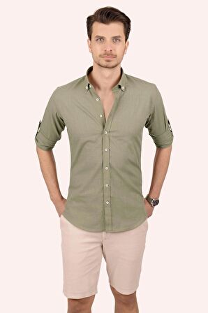 Haki Yaka Düğmeli Keten Slimfit   Gömlek