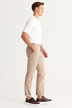 Erkek Bej Slim Fit Dar Kesim Beli Lastikli Esnek Pantolon