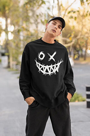Çizgi Tasarım Gülen Yüz Baskılı Unisex Oversize Sweatshirt