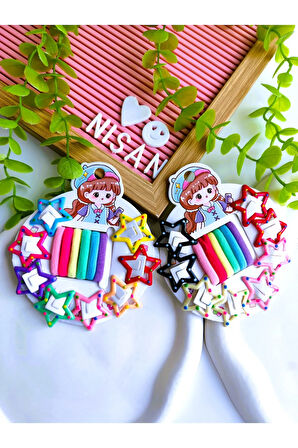 Puantiyeli Yıldız Çıtçıt Toka ve Havlu Lastik Seti (8 Yıldız Toka - 6 Kalın Lastik )