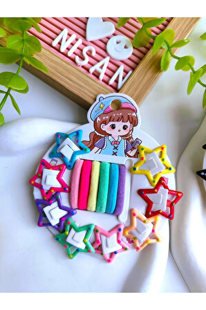 Puantiyeli Yıldız Çıtçıt Toka ve Havlu Lastik Seti (8 Yıldız Toka - 6 Kalın Lastik )