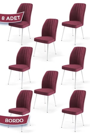 Platinum Serisi Üst Kalite Mutfak Sandalyesi 8 Adet Bordo Metal Beyaz Iskeletli