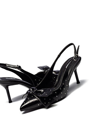 Kadın Stiletto Sivri Burun Arkası Açık Zımba Detaylı Topuklu Ayakkabı 260
