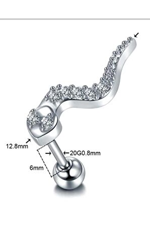 Paslanmaz Kararmaz Cerrahi Çelik Yılan Tragus, Kıkırdak, Helix 8mm Piercing (İKİ TARAFLI AÇILABİLİR) GÜMÜŞ Renk Tek Ebat Beden