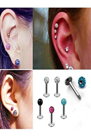 Paslanmaz Kararmaz Cerrahi Çelik Zirkon Taşlı Kıkırdak Dudak Burun Tragus Piercing (beyaz)