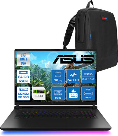 Asus Rog Strix Scar 18 G835LW-SA129 Intel Core Ultra 9 275HX Aı 64GB GB 512GB SSD+512GB SSD 16GB/RTX5080 Gddr7 175W 18" 2.5k 2560X1600 Wqxga 240Hz 3ms 1200NITS Freedos Laptop WSA129F26+ZETTAÇANTA