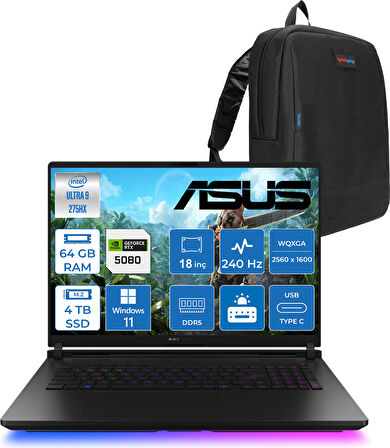 Asus Rog Strix Scar 18 G835LW-SA129 Intel Core Ultra 9 275HX Aı 64GB GB 4tb SSD 16GB/RTX5080 Gddr7 175W 18" 2.5k 2560X1600 Wqxga 240Hz 3ms 1200NITS WINDOWS11HOME Laptop WSA129H31+ZETTAÇANTA