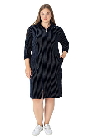 Kadın Büyük Beden Lacivert Çizgi Desenli Pamuklu Kadife Cepli Fermuarlı Truvakar Kollu Elbise