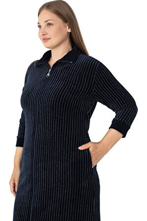 Kadın Büyük Beden Lacivert Çizgi Desenli Pamuklu Kadife Cepli Fermuarlı Truvakar Kollu Elbise