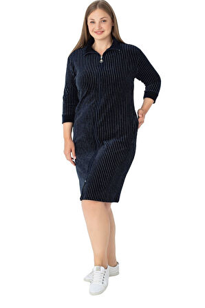 Kadın Büyük Beden Lacivert Çizgi Desenli Pamuklu Kadife Cepli Fermuarlı Truvakar Kollu Elbise