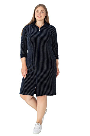 Kadın Büyük Beden Lacivert Çizgi Desenli Pamuklu Kadife Cepli Fermuarlı Truvakar Kollu Elbise