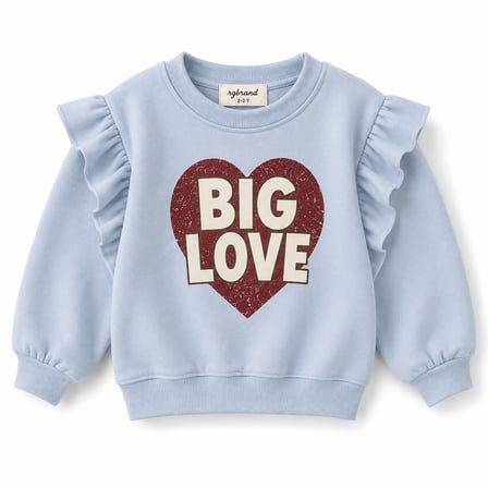 Kız Çocuk Big Love Kalp Baskılı Sweatshirt | Omuzları Fırfırlı | 3–9 Yaş | RG1793