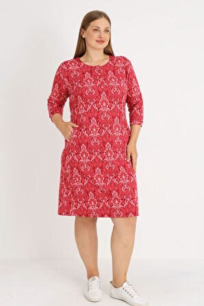 Desenli Truvakar Kollu Cepli Düğmeli Kadın Büyük Beden Jakarlı Elbise