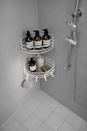 Tek Katlı Köşe Duş Rafı – Kancalı Banyo Şampuanlık & Organizer 2 Adet Beyaz TK-01