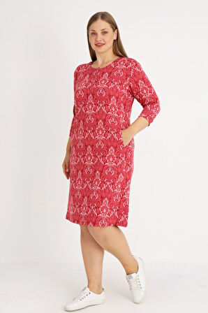 Desenli Truvakar Kollu Cepli Düğmeli Kadın Büyük Beden Jakarlı Elbise