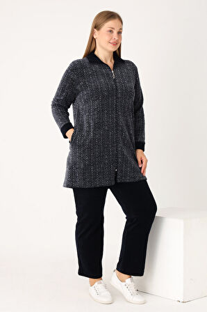 Kadın Büyük Beden Lacivert Desenli Pamuklu Kadife Fermuarlı Uzun Kollu Cepli Alt Üst Eşofman Takımı