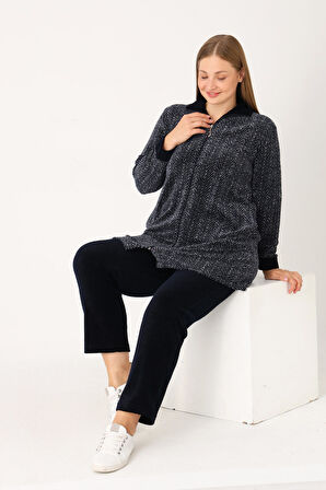 Kadın Büyük Beden Lacivert Desenli Pamuklu Kadife Fermuarlı Uzun Kollu Cepli Alt Üst Eşofman Takımı