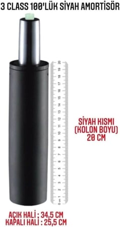 3 Class 100 'Lük Siyah Amortisör, 20 cm Kolon Boyu, 34,5 cm Açık Hali, 25,5 cm Kapalı Hali
