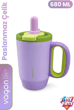 680 ML Tek Kapak Çift Kullanım Pipetli Rahat İçim Kulplu Paslanmaz Çelik Termos Mug FFVGN1113-680ML Mor